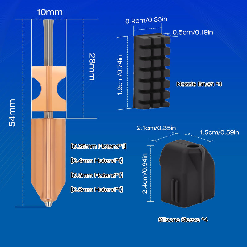 for AD5X Upgraded 0.25mm/0.4mm/0.6mm/0.8mm Hotend Nozzles 3D Printer Assembled Extruder Kits- All Metal Hot End/Printhead Replacement with Detachable Nozzle with 4PCS Silicone Sock+ 4PCS Nozzle Brush 0.25MM+0.4MM+0.6MM+0.8MM