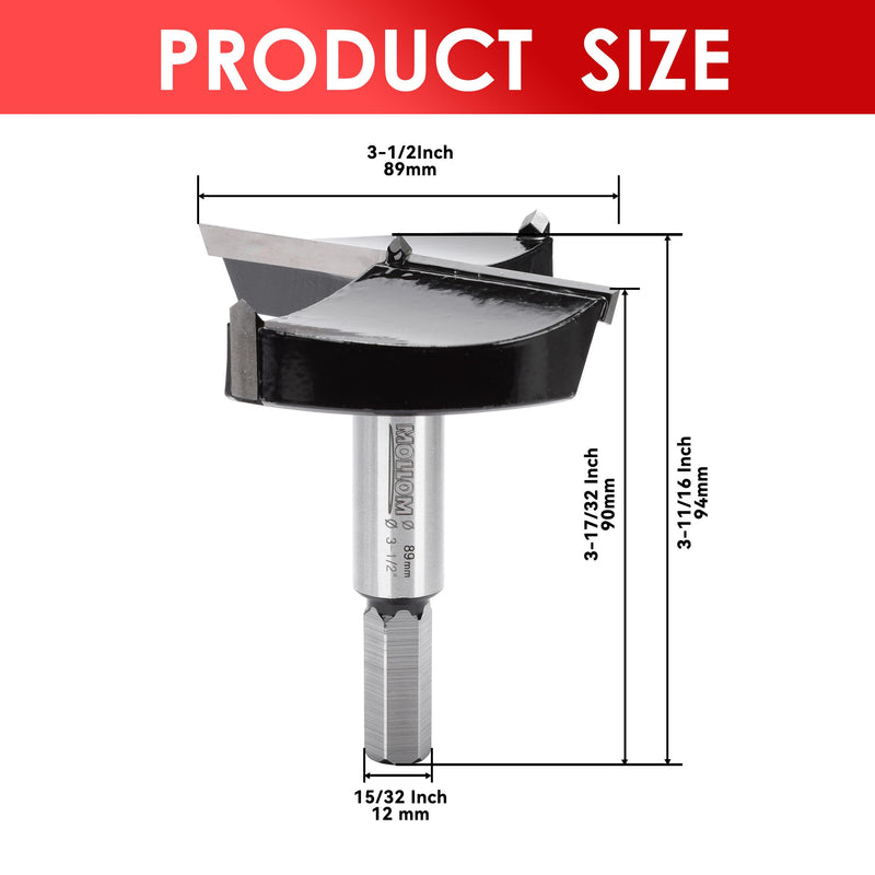 MOLLOM 3-1/2" (89mm) Carbide Forstner Drill Bit | 2.0mm Thickness YG8 Carbide Tipped, Hinge Cutter Tool For Hard Soft Wood, Plastic, Plywood, Precise Woodworking 89mm | 3-1/2" (Imperial System)