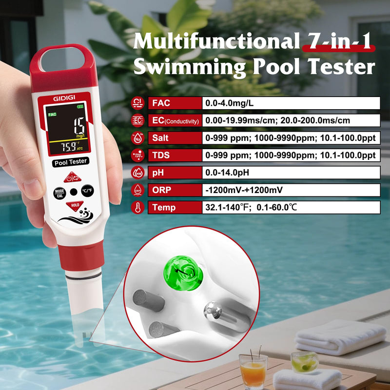 Digital Chlorine Tester Pool Salinity Meter, 7-in-1 pH Meter Test FAC pH Salt ORP TDS EC,Hot Tub Chlorine Meter with Backlit Display Screen for Drinking Water Quality Chlorine Level,Pool Tester