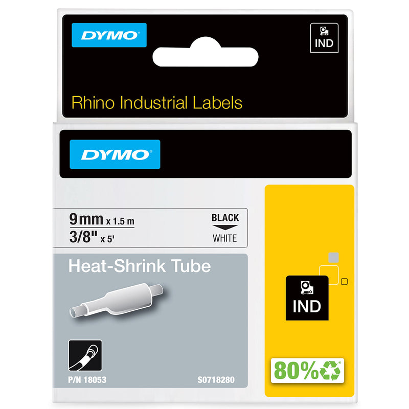 DYMO Rhino Industrial Heat-Shrink Labels, 3/8" Tube, Black Print on White Black on White 3/8" (9MM)