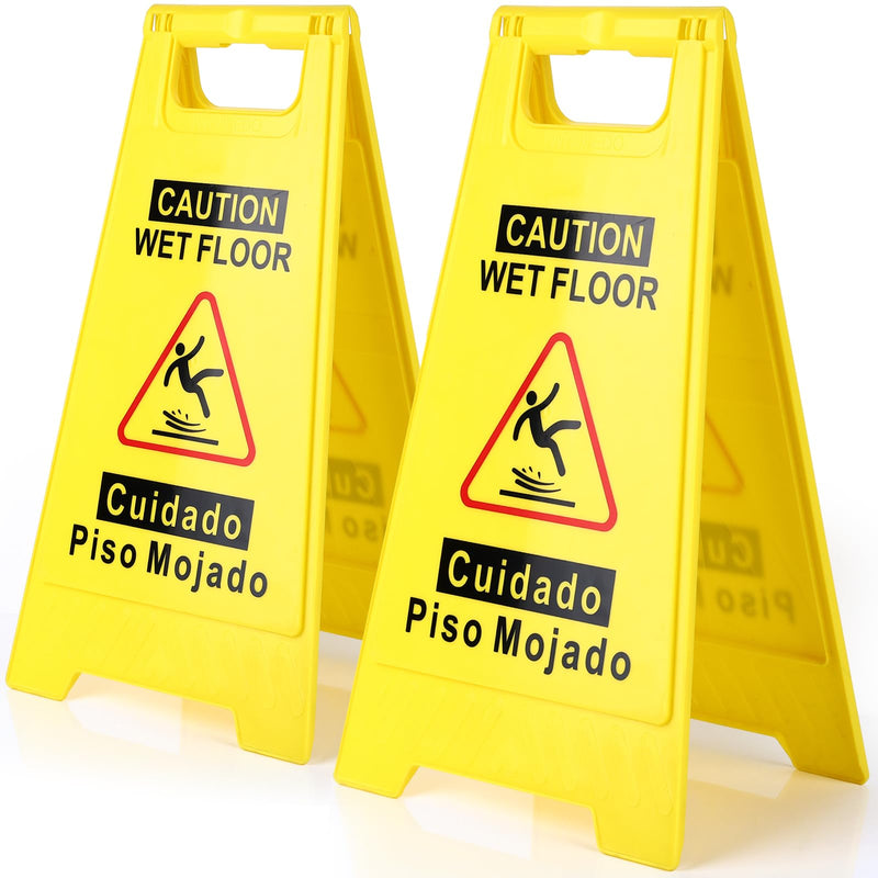 WOUSEDO 2-Pack Caution Wet Floor Sign,17.5" Height,Bright Yellow Double-Sided Folding A-Shaped Frame Design, Bilingual Caution Message 2PACK Yellow