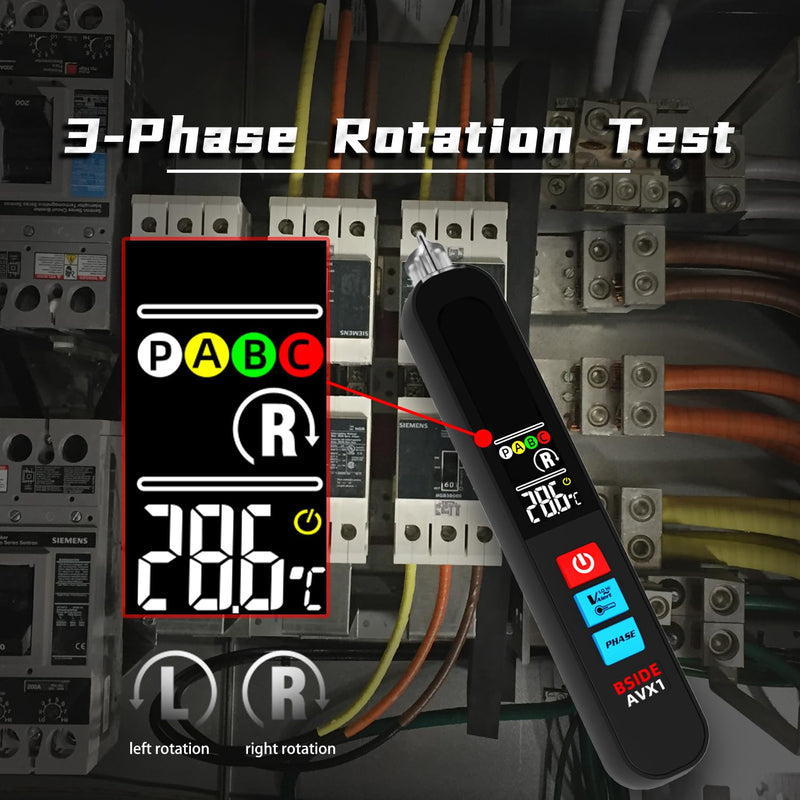 [Australia - AusPower] - BSIDE Voltage Tester, Non-Contact with 3-Phase Rotation Indicator & Signal Percentage, Rechargeable AC Electrical Voltage Detector Pen, High/Low Sensitivity with 6 Ranges, 3-Mode Alarm with Analog Bar 