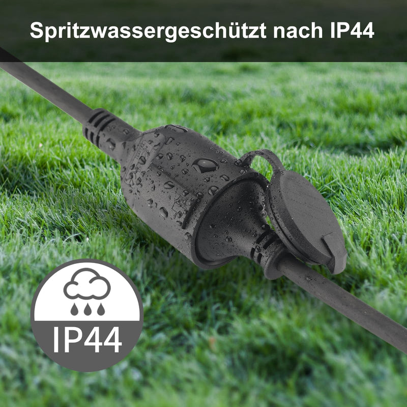 Outdoor Extension Cable 2 m for Outdoor Use, Rubber Extension Power Cable with Schuko Plug, IP44 Extension Cable, 3G 1.5 mm² Cable, Outdoor Electric Cable, with Protective Cap, 3500 W, Black