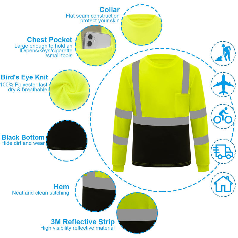 Hi Vis Safety T Shirt Class 3 Reflective Black Bottom Long Sleeve High Visibility Shirts 3pcs Yellow Black Medium