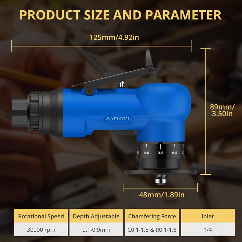 [Australia - AusPower] - AMTOVL Pneumatic Chamfering Tool - Mini Air Chamfer Tool with 10 C-Angle & 10 R-Angle Blades, 45° 30000 RPM Chamfering Tool for Metal and Wood with 1/4" Air Inlet Blue 