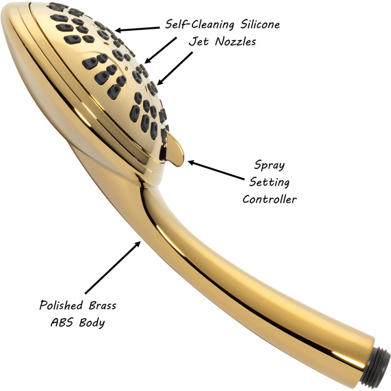 Aqua Elegante Luxury Handheld Shower Head - 6 Function High Pressure Hand Held Showerhead for Low Water Flow with Self-Clean Nozzles, Easy Install Replacement Sprayer - 2.5 GPM - Polished Brass