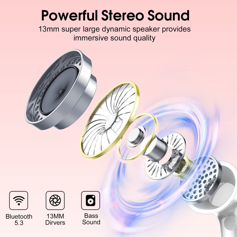 [Australia - AusPower] - Wireless Earbuds, 2024 Bluetooth Headphones 5.3 HiFi Stereo Earphones, 40H Playtime in-Ear Earbud, Bluetooth Earbud with Dual Mic Call, IP7 Waterproof Earphones Sport Headset for iOS Rose 