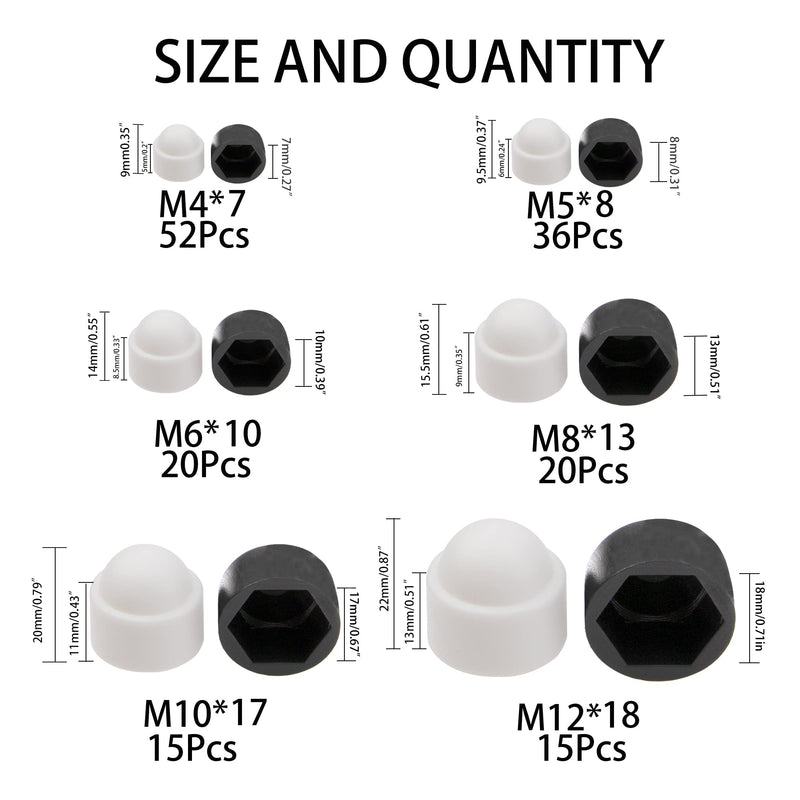 [Australia - AusPower] - 158Pcs Bolt Covers Screw Caps Assortment Kit,Nylon Acorn Dome Protection Caps for Protecting Hexagon Shaped Screws Bolts (M4 M5 M6 M8 M10 M12 Black and White) 