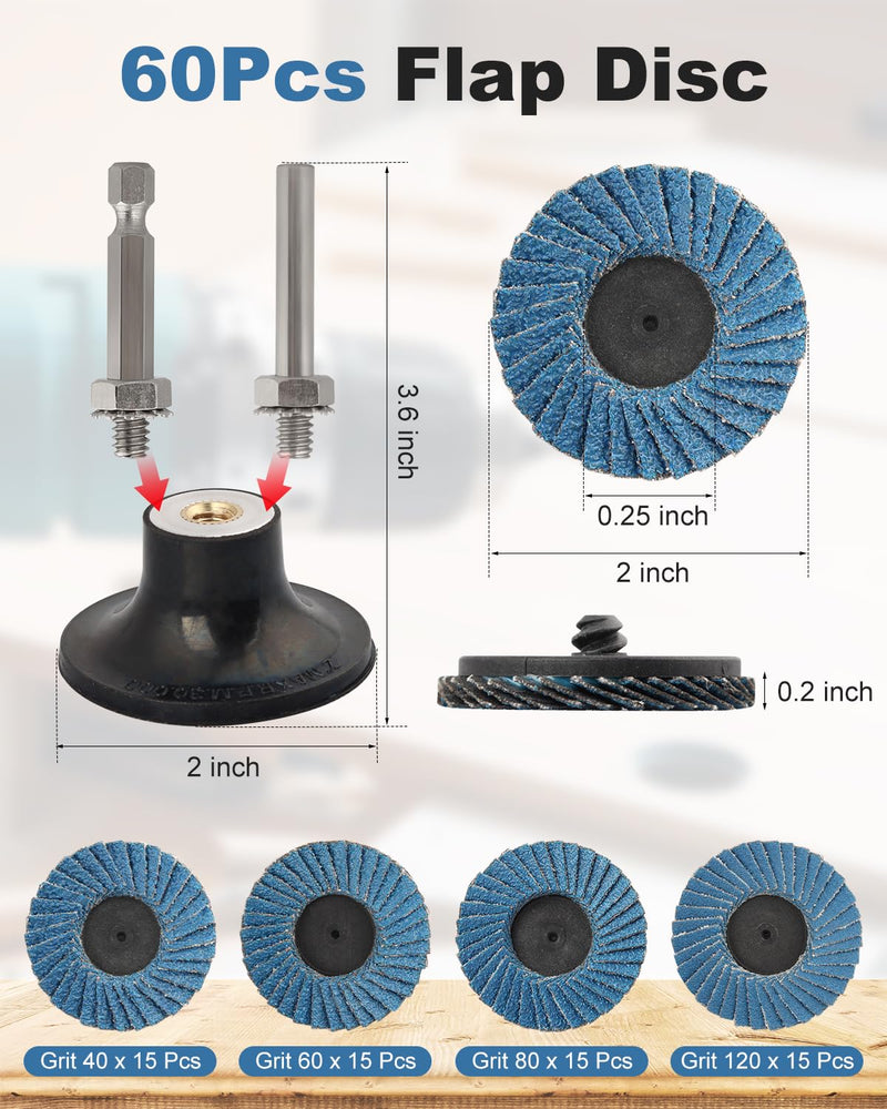 60 Pcs Die Grinder Sanding Disc, 2 Inch Flap Disc Set with 1/4 Inch Holder, Flat Flap Discs Sanding Wheel 40 60 80 120Grit for Angle Grinder Rust Removal 60 Pcs