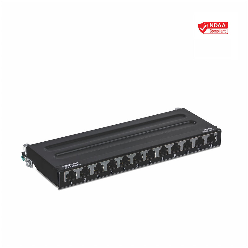 TRENDnet 12-Port Cat6A Shielded Patch Panel, 10G Ready, Cat5e,Cat6,Cat6A Compatible, Metal Housing, Color-Coded Labeling for T568A and T568B Wiring,Cable Management,Wall Mountable, Black,TC-P12C6AS 12 port