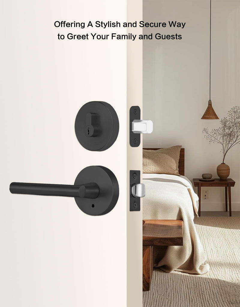 Lethato Black Door Handle and Deadbolt Set, Heavy Duty Front Door Lock Set, Exterior Door Lever Single Keyed Round Deadbolt Lock (1 Pack) Matte Black 1