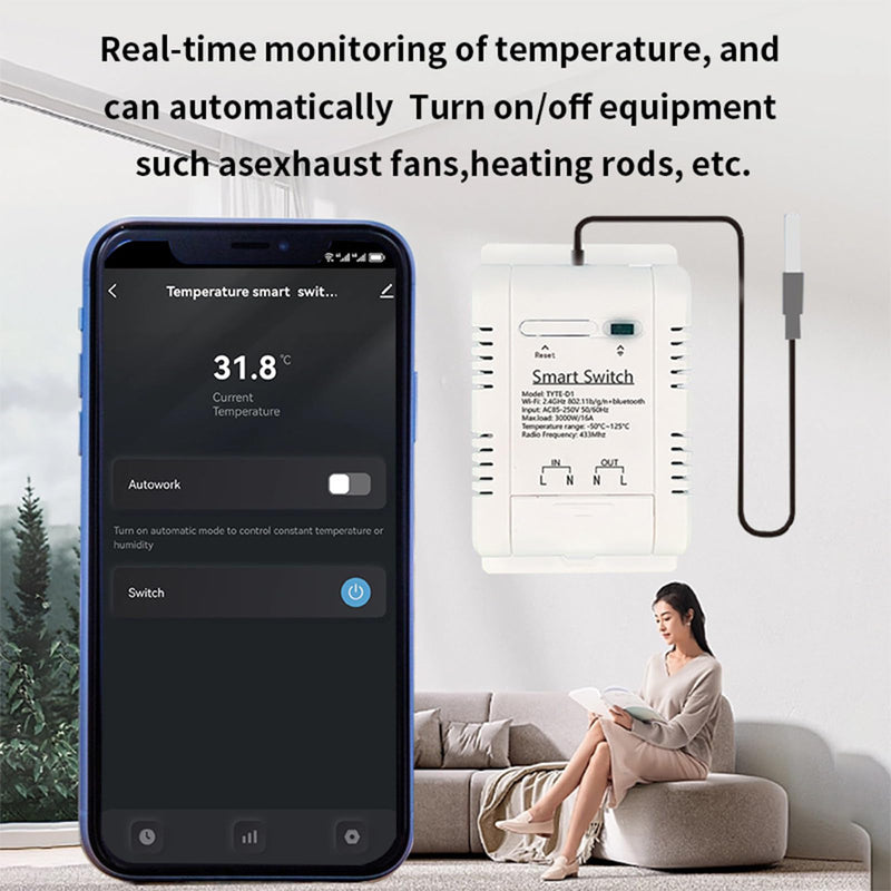 WiFi Temperature Controller Sensor Module: White 1M Sensor Tuya Smart Life App Control, Time and Scene Control 16A 3000W with Power Meter, RF433 Temperature Sensor Alexa, for Home