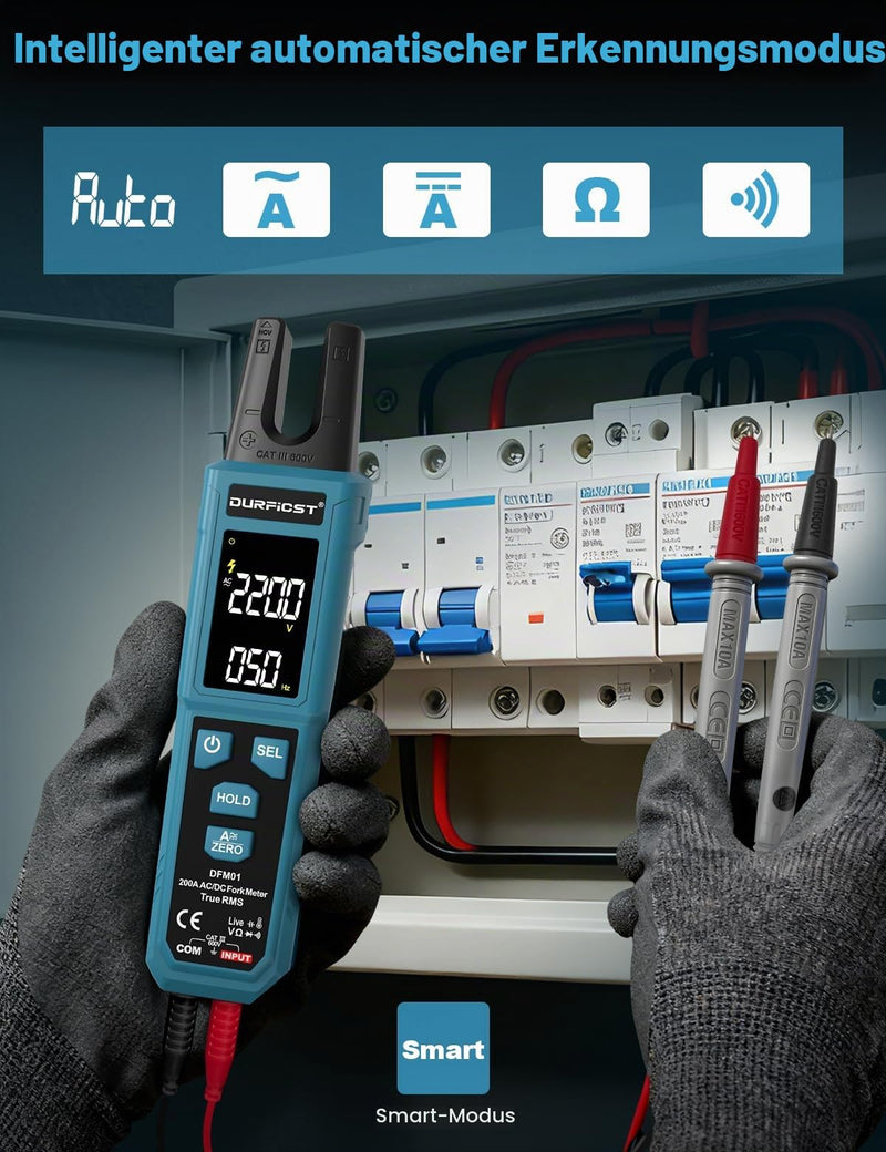 DURFICST Current Clamp TRMS 4000 Counts, Current Meter with 200 A AC/DC & 600 V | Digital clamp ammeter with NCV, capacity measurement, continuity test, temperature measurement