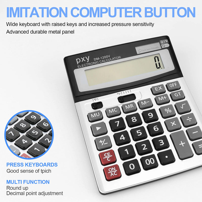 [Australia - AusPower] - Desk Calculator 12 Digit Extra Large LCD Display, Touch Comfortable with Big Buttons, PXY Two Way Power Battery and Solar Standard Function Office Calculators 