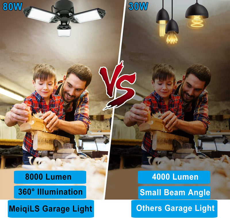 [Australia - AusPower] - LED Garage Light, 80W 8000 Lumen LED Garage Ceiling Lights with 3 Adjustable Panels E26/E27 LED Shop Lights, 6500K Daylight Light Bulb Fixture LED Lights for Garage, Workshop, Attic, LED Bay Light 80W 1Pack 