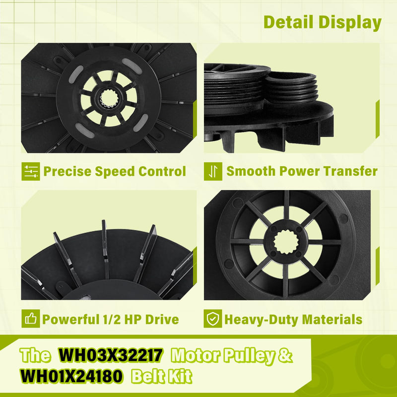 [Australia - AusPower] - WH03X32217 Washer 1/2 HP Motor Pulley & WH01X24180 Belt & Nut Kit Perfectly Compatible with GE Washer(some models), Replaces 4975025 4455970 WH07X24182 WH49X25377 290D1101P002 WH01X24180-50PK, etc. 