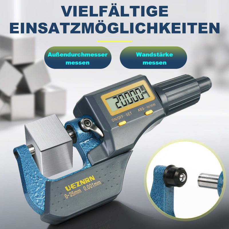 Ueznirn Outside Micrometer Digital 0-25 mm 0.001 mm/0.00003 Inches | High precision micrometer digital micrometer, LCD micrometer digital micrometer with wall thickness attachment