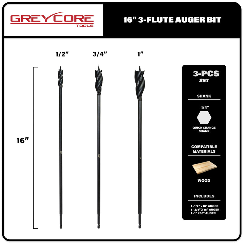 Greycore Tools 3-Piece 16 Inch 3-Flute Auger Bit, Wood Drill Bit for Hard and Soft Wood, 1/4” Quick Change Shank, Woodworking Auger Bits (16” Set 1/2”, 3/4”, 1”) 16" 3PCS Set (1/2", 3/4", 1")