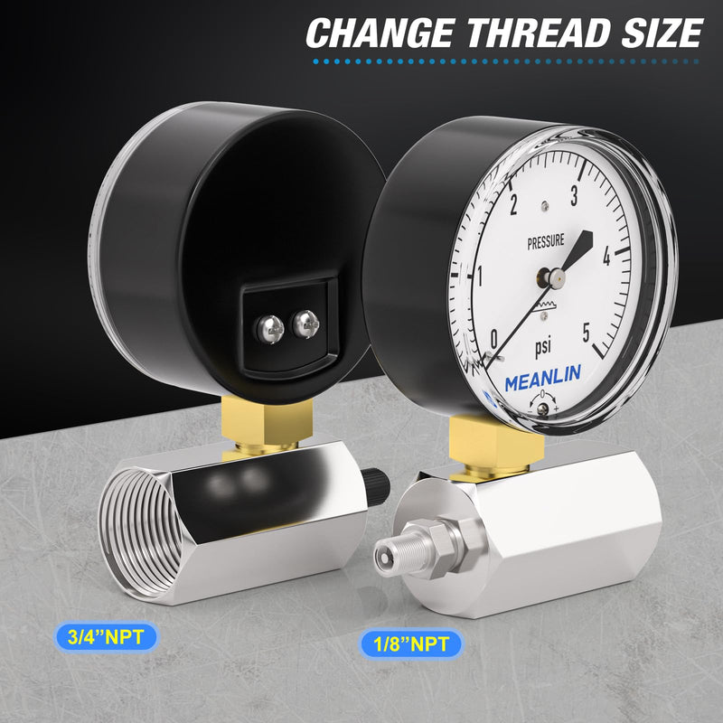 [Australia - AusPower] - MEANLIN MEASURE 0-5Psi Diaphragm Type Capsule Low Pressure Gauge with 3/4" FNPT Connection Valve, 2-1/2" FACE DIAL Adjustable Air Test Pressure Gauge Chrome Body 