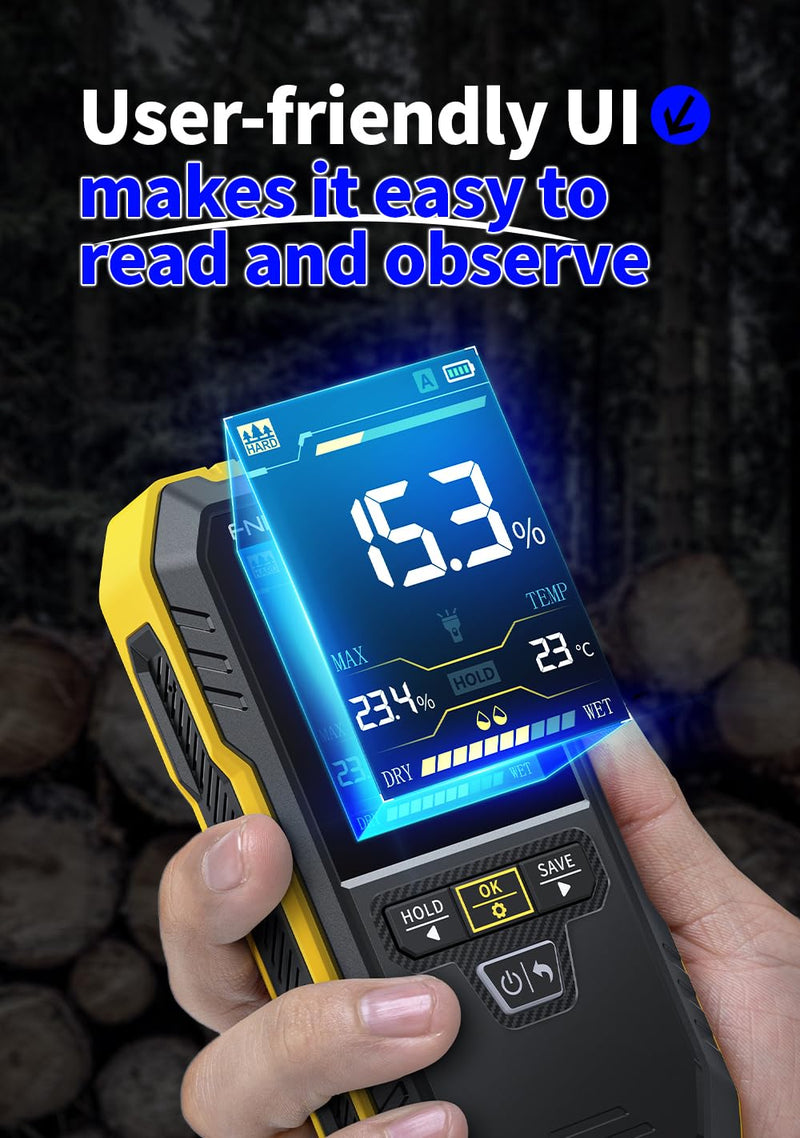[Australia - AusPower] - FNRSI UPGRADED WMT-10 Rechargeable Pinless Wood Moisture Meter with Flashlight for Wood, Firewood, Wall Non-contact Timber Damp Detector Non-destructive Humidity Tester for Lumber Concrete Building 