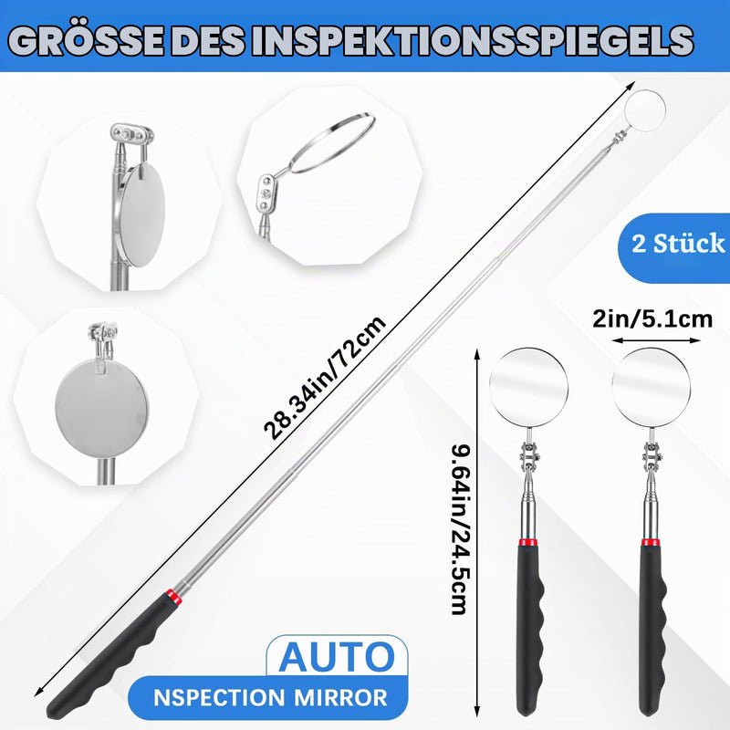 Set of 2 Telescopic Inspection Mirror Set, Round, 360 Degrees, Rotatable, Extendable Mechanical Car Mirror, Inspection Mirror Handles for Vehicle Inspections, Technicians, Tool, Geocaching Black