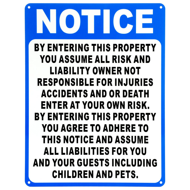 1 Pcs Not Responsible for Accidents or Injuries Sign Aluminum Enter at Your Own Risk Warning Sign 9 x 12 Inches Notice by Entering This Property for Lost or Stolen Items 1