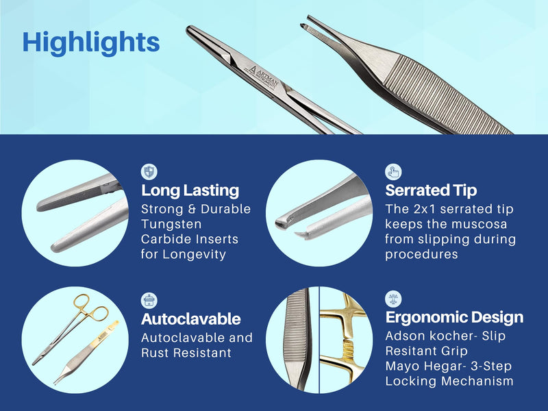 [Australia - AusPower] - Bundle of Mayo Hegar Needle Holder 6" Gold Plated Handle with Tungsten Carbide Inserts & Adson Forceps Kocher with Skin Stopper at The Back 4.75" Straight Fine Point 1X2 Teeth by Artman Instruments 