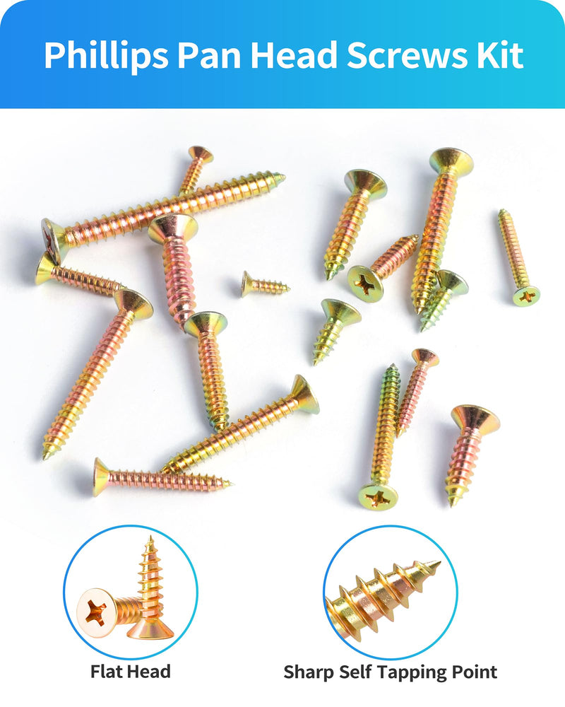 600Pcs Stainless Steel Zinc Plated Wood Screws Assortment Kit, #4#6#8#10#12 Phillips Flat Head Sheet Metal Screws Self Tapping Screws Set,Length 3/8" to 2" (Gold-Flat Head 600PCS) Gold-Flat Head 600PCS