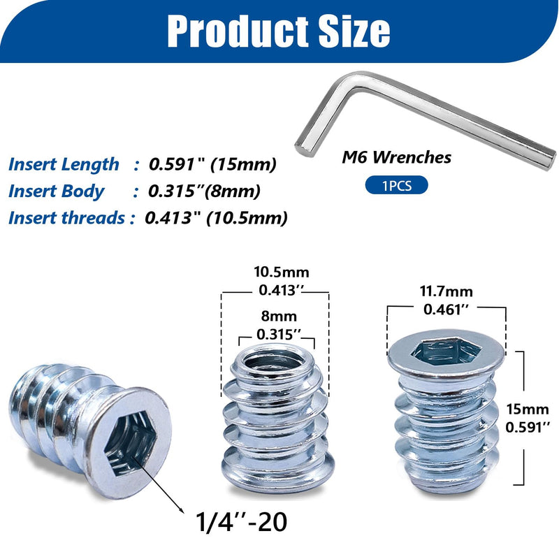 [Australia - AusPower] - Taiss 60PCS 1/4"-20 Threaded Inserts for Wood,Hex Socket Drive Insert Nuts for Wood Furniture Screw Assortment with Hex Wrench (1/4"-20 x 15mm) F-107-60PCS 