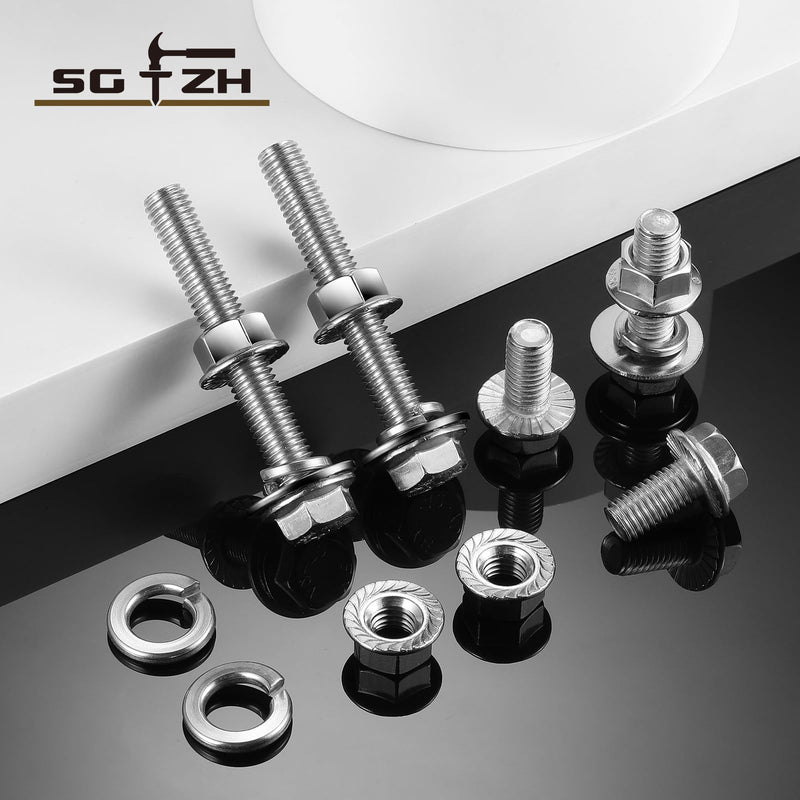 M10 x 16mm Flanged Hex Head Bolts, Nuts, Flat & Lock Washers, 20Pcs 18-8 (304) Stainless Steel, Fully Threaded, by SG TZH M10 x 16mm Silver 20