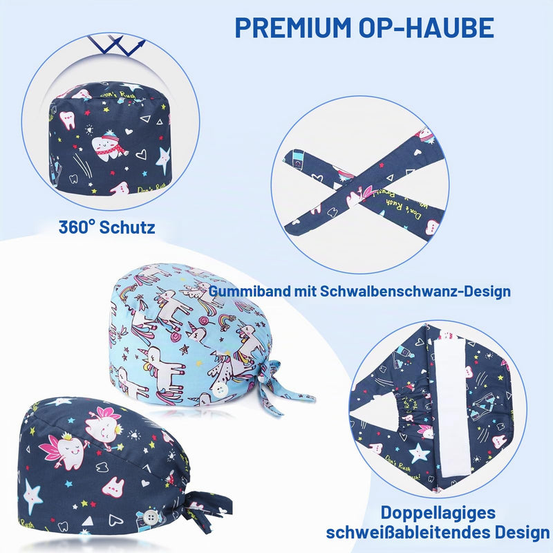 Pack of 2 Surgical Caps, Fabric Print, Unisex Nurse Cap | Adjustable Work Cap with Sweatband Headwear for Nurses Dentists Doctors (Unicorn, Teeth) light blue