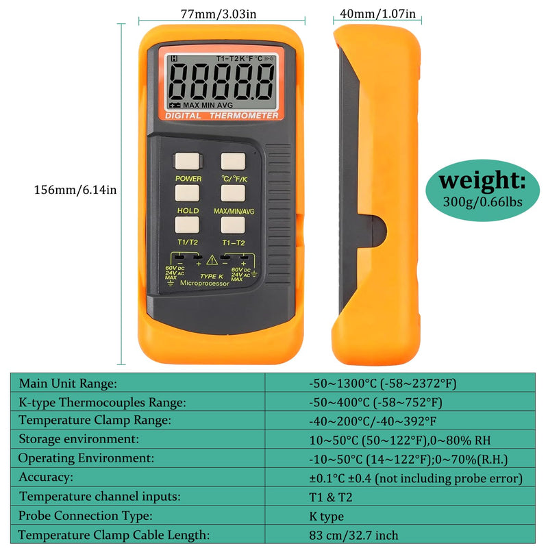 [Australia - AusPower] - K Type Thermocouple Thermometer Dual Channels Thermocouple Tester (-58~2372°F) High Accuracy Temperature Kelvin Scale Meter with 2X Temperature Clamp & 2X Pipe Thermocouple Probes K Type Thermocouple Thermometer 