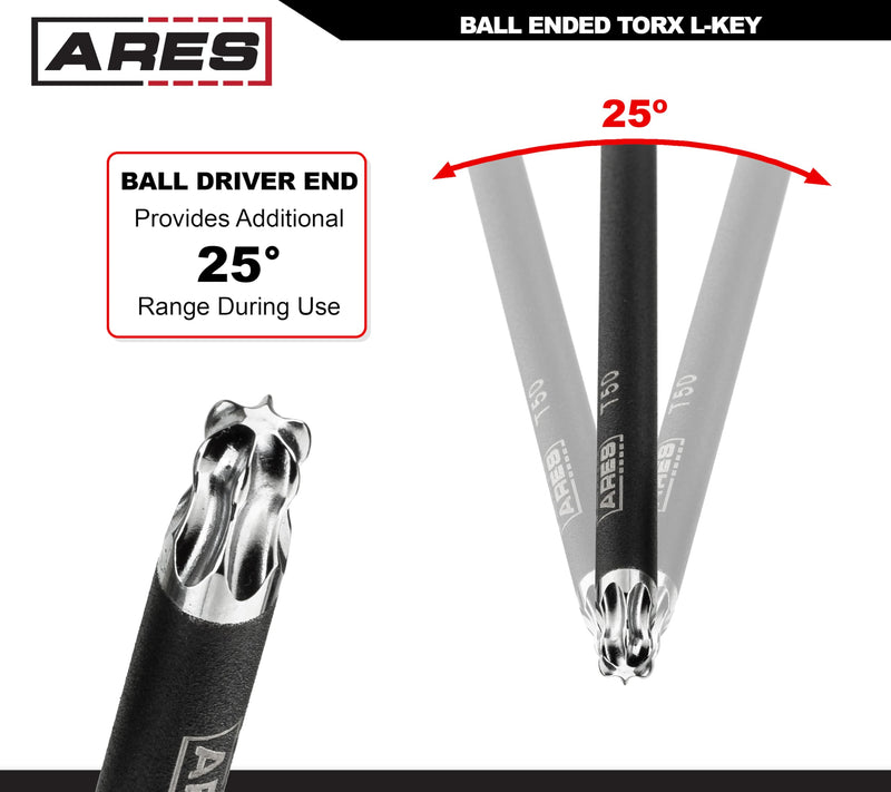 ARES 70257 - Extra Long Ball End Torx L-Key Set - 9-Piece Set Includes Sizes T10-T50 - Anti-Slip Textured Black Coating & Premium S2 Steel Construction - Storage Case Included 9pc Extra Long Ball End Torx L-Key