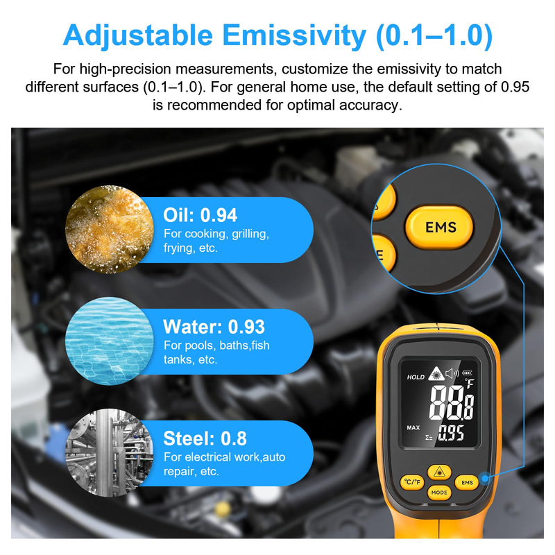 [Australia - AusPower] - Non-Contact Infrared Thermometer Gun, High Accuracy -58°F to 1472°F, Adjustable Emissivity, Ir Thermometer with Backlit LCD, Over-Temp Alarm, Laser Temperature Gun for Cooking,BBQ,HVAC JD-04 