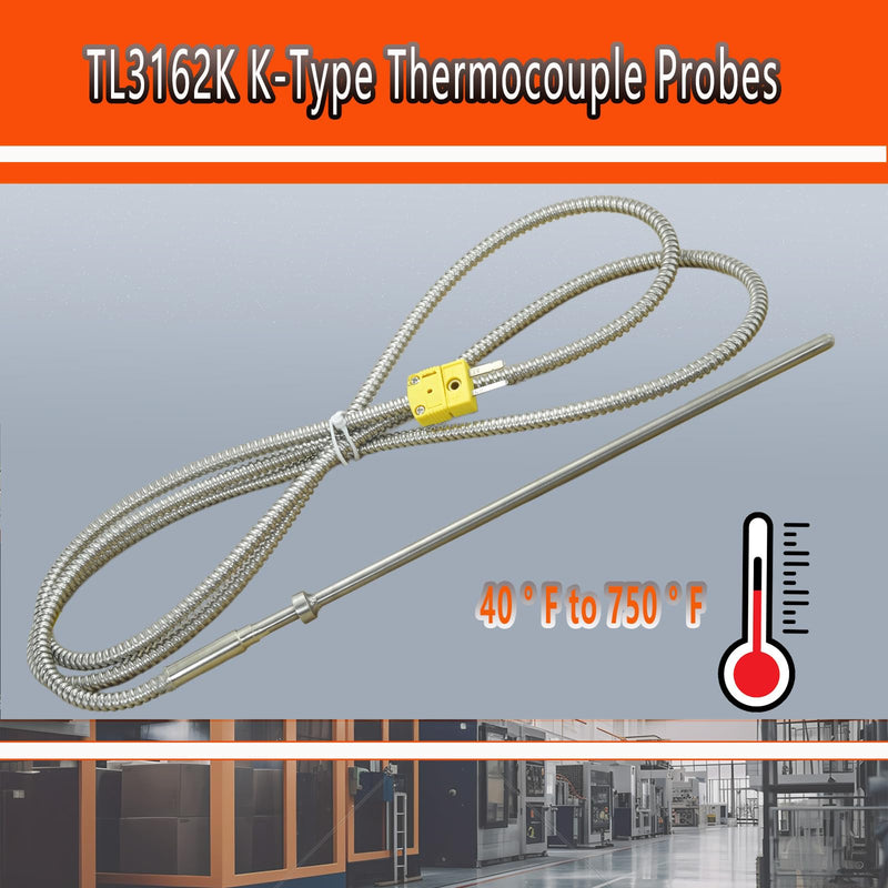 [Australia - AusPower] - TL3162K K-Type Thermocouple Probe Round Probe 8“-0.2” Measurement Range 40°F-750°F Cable 60" 