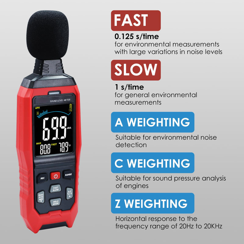 [Australia - AusPower] - Decibel Meter Sound Level Meter, High Accuracy db Meter Classroom Noise Meter with A/C/Z Weighted, spl Meter with Logging 30-130dB Audio Noise Measure Device with Data Hold Backlight 