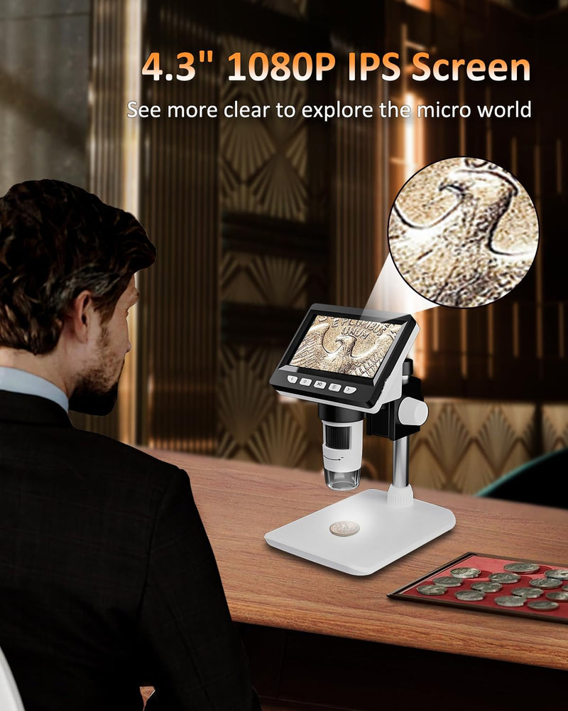 [Australia - AusPower] - 4.3" Coin Microscope - Aopick LCD Digital Microscope 1000X, 1080P USB Coin Magnifier for Error Coins with 8 Adjustable LED Lights, PC View, Compatible with MacOS Windows 4.3Inch White 
