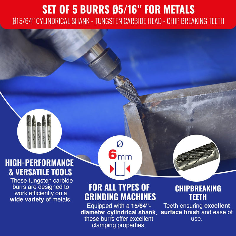 TIVOLY - Set of 5 Carbide Rotary Burrs for Metal - Ø1/4" Cylindrical Shank - Tungsten Carbide Head - Chipbreaking Teeth