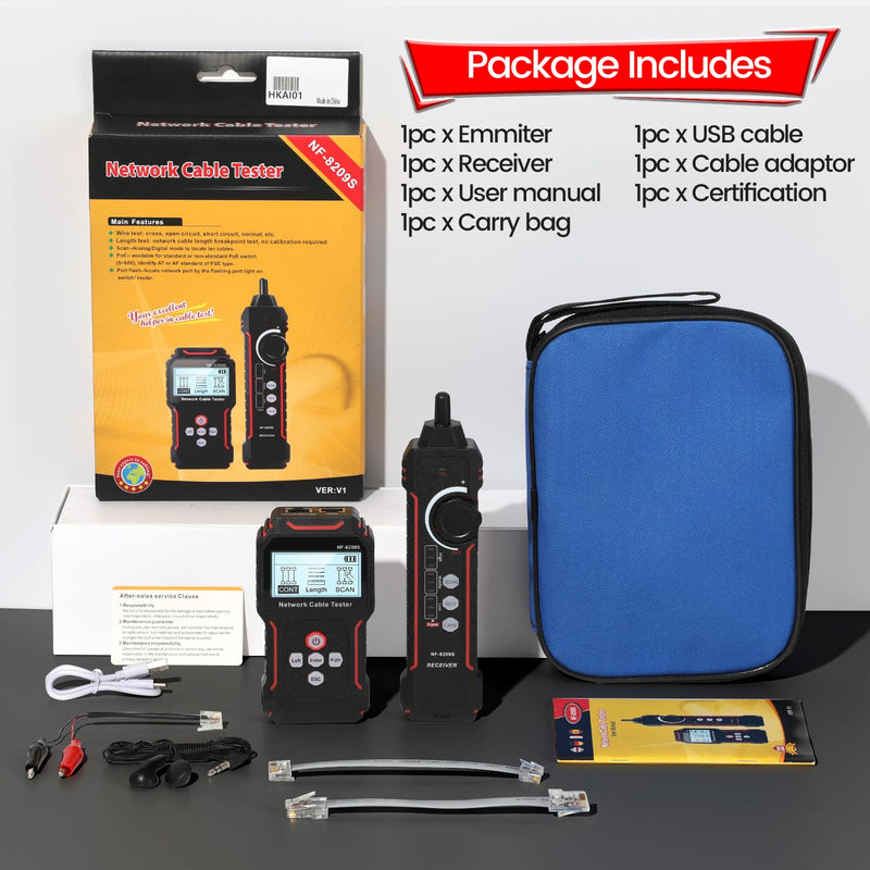 [Australia - AusPower] - RJ45 Network Cable Tester and Tracer, VXSCAN NF-8209S Ethernet Cable Tester Wire Tracer with NCV & Lamp for CAT5 CAT6 CAT6a - Cont/Length Measurement/SCAN/Flash/QC/NCV/POE Tester AI01 