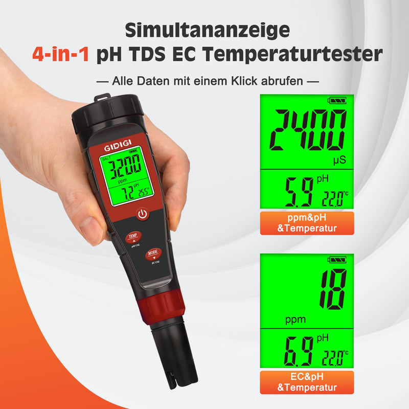 pH Meter for Hydroponic Water, Digital pH Tester for Water, TDS Tester EC PPM Test for Plant Nutrients, 4-in-1 Meter for Conductivity, pH Pen for Drinking Water, DWC, Indoor Plants | PPM Plant Nutrient Tester Conductivity Meter 4 in 1 pH Pen for Drinki...