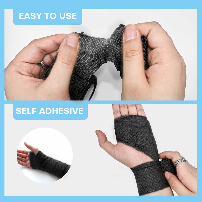 48 Pack 2” x 5 Yards Self Adhesive Bandage Wrap, Elastic Breathable Cohesive Bandage Wrap Athletic Stretch Tape for Wrist Ankle Sports (Black) 2 Inch-48 Pack Black