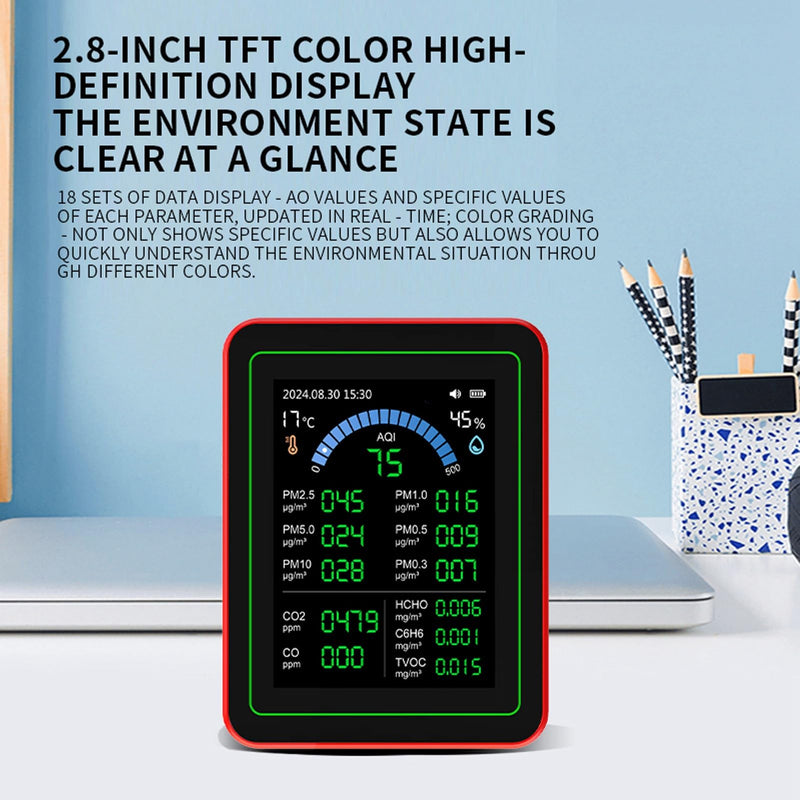 [Australia - AusPower] - Air Quality Meter, CO2 TVOC HCHO PM2.5 PM10 Temperature Humidity Detection Tester, Indoor Battery Operated Data Memory, 18 in 1, 2000mAh Battery, 2.8 