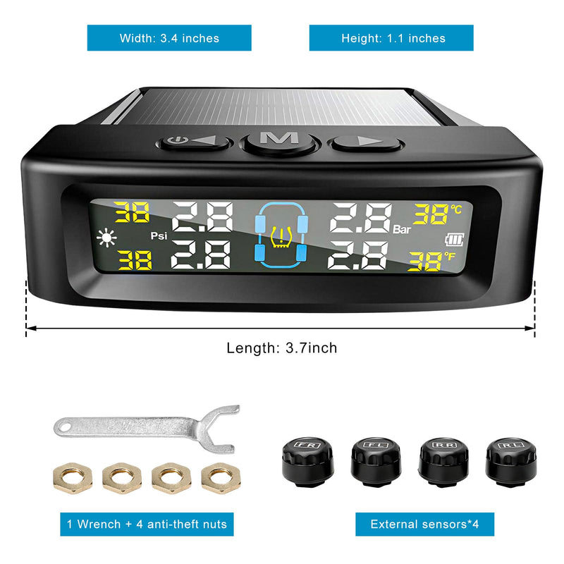 Tire Pressure Monitoring System, Vehicle Tire Pressure Monitor with Solar Charger & 4 External Sensors, Real-Time LCD Display TPMS w/6 Alarm Modes for Car Truck RV