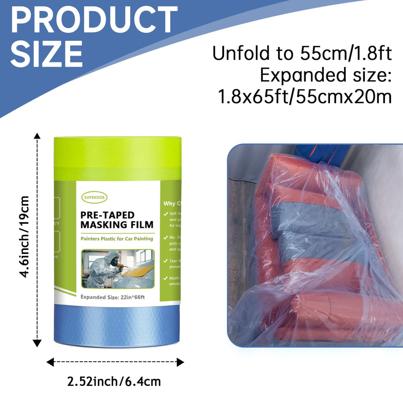 Pre-Taped Masking Film for Painting 22" x 66',Tear-Resistant Painters Plastic with Tape Painters Drop Cloth for Automotive & Home, Cover for Walls/Floors/Cars Protection (2 Rolls) 22" x 66' 2 rolls
