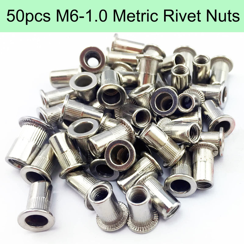 [Australia - AusPower] - Rivet Nut, HanTof 50 Pieces Metric M6 Stainless Steel Flat Head Rivnut Threaded Insert Nut, Knurled Body (M6-1.0), for Automotive Furniture Decoration Electrical and Industrial Products Stainless -Metric M6 