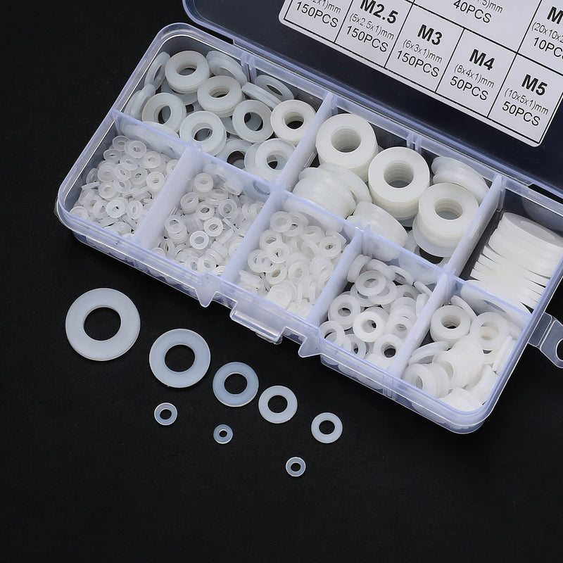 [Australia - AusPower] - YOUYIDUN-650 Pcs White Nylon Flat Washer Assortment Kit, Round Flat Nylon Washers for Household Commercial Appliances Electrical Connections, 5-20 mm, M2/M2.5/M3/M4/M5/M6/M8/M10 