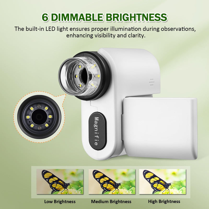 [Australia - AusPower] - Pocket Microscope for Kids, 1000X Handheld Kids Microscope with 6 Adjustable LED Lights, 2'' LCD Screen Mini Portable Microscope for Kids, 32GB SD Card Including Back to School Supplies White 