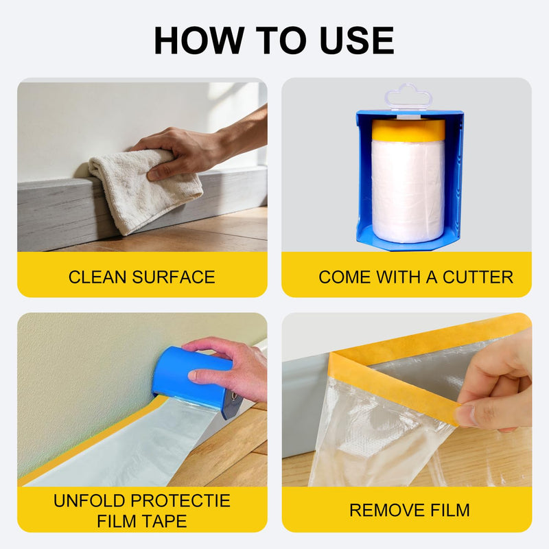 Pre-Taped Masking Film Film and Masking Tape in one Plastic Tape and Drape Roll Painters Plastic (3 Pack, Each roll 22" Wide x 82 feet Long) with one Dispenser 3