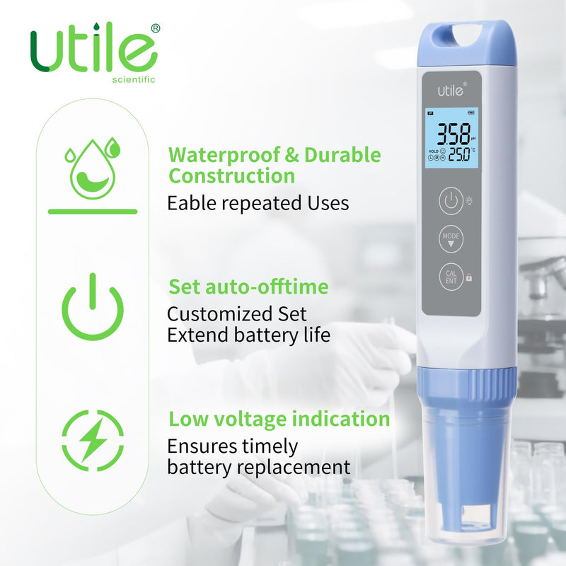 Utile pH Meter,±0.01pH Accuracy pH Tester Kit, Auto Temp. Compensation, Auto 1-3 Points Calibration,Waterproof,LCD Display,4434.0003.1