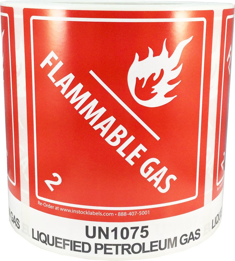 Hazard Class 2 D.O.T. UN1075 Liquefied Petroleum Gas Flammable Gas Labels, 4 x 4 3/4 Inch Square Red and White Hazmat Stickers, 500 Adhesive Labels – Made in the USA